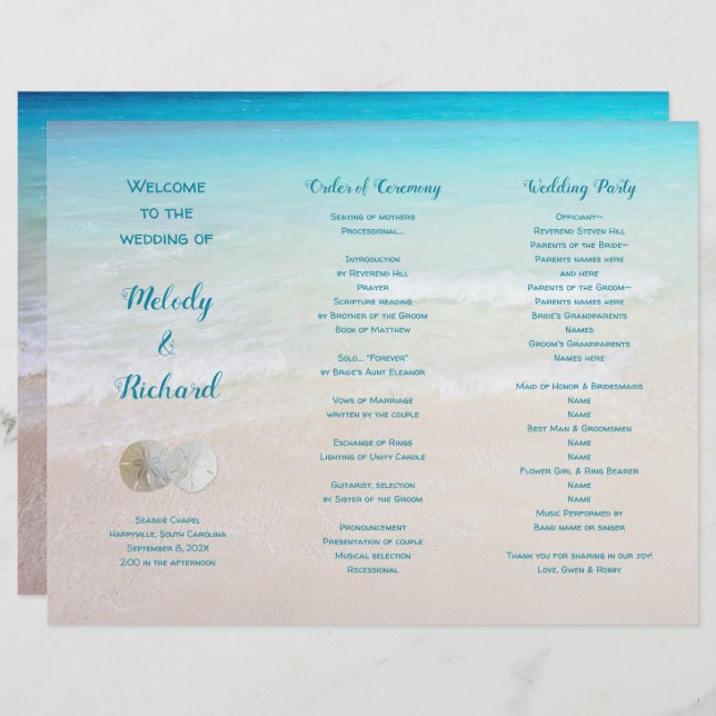 Sand Dollares Beach Scene Trifold Wedding Program (Frente/Verso)