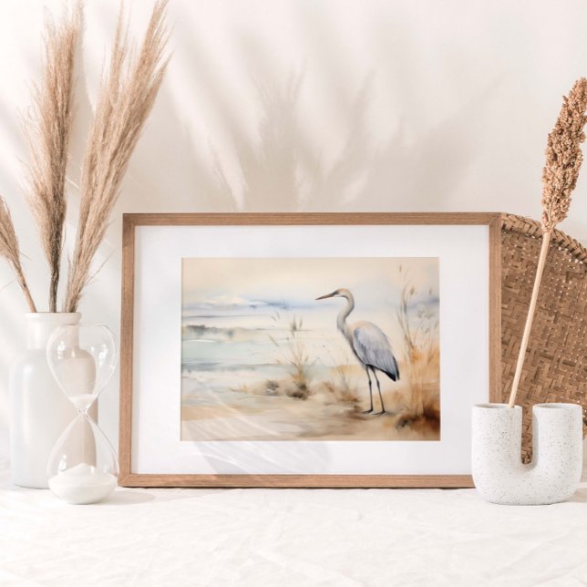 Sandhill Crane Watercolor Impressão (A lone crane standing gracefully at the seashore, framed by swaying seagrass in gentle, muted colors)