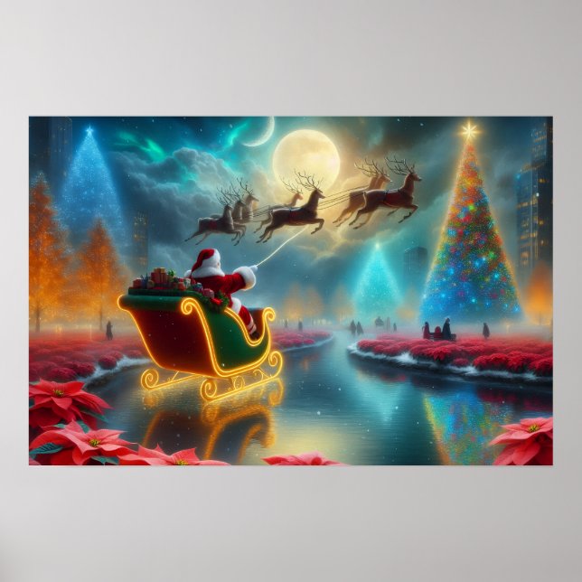 Santa and His Reindeer Flying in the Sky Poster (Frente)