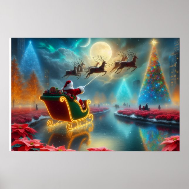 Santa and His Reindeer Flying in the Sky Poster (Frente)