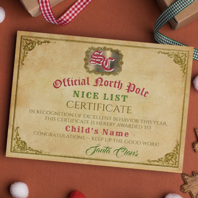 Santa Claus Nice List Signed Christmas Certificate (Criador carregado)