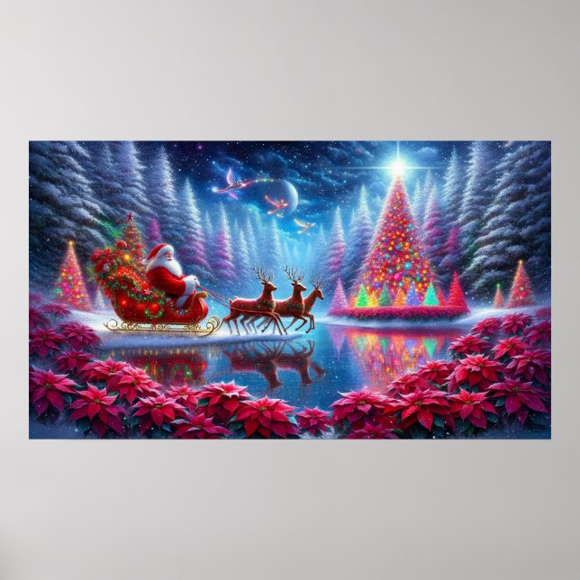 Santa in His Sleigh on Poinsettia Pond Wall Poster (Frente)