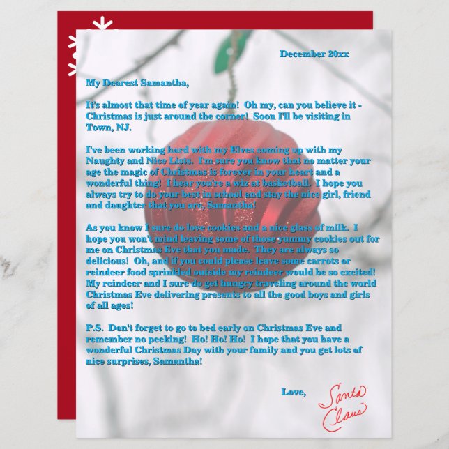Santa Letter Red Ornament Snowflakes (Frente/Verso)