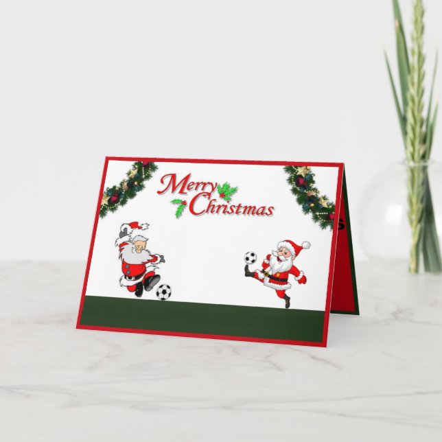 Santas jogando futebol Cartão de Natal (Frente)