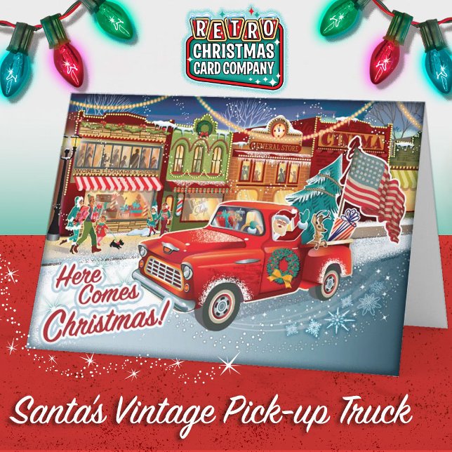 Santas Pick-up Truck + USA Flag Cartões de Natal (Santa's Vintage Camper - All American Christmas Card)