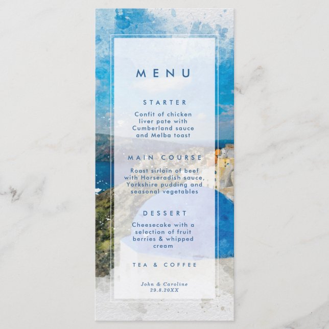 Santorini, cartões de cardápio de verão Grécia (Frente)