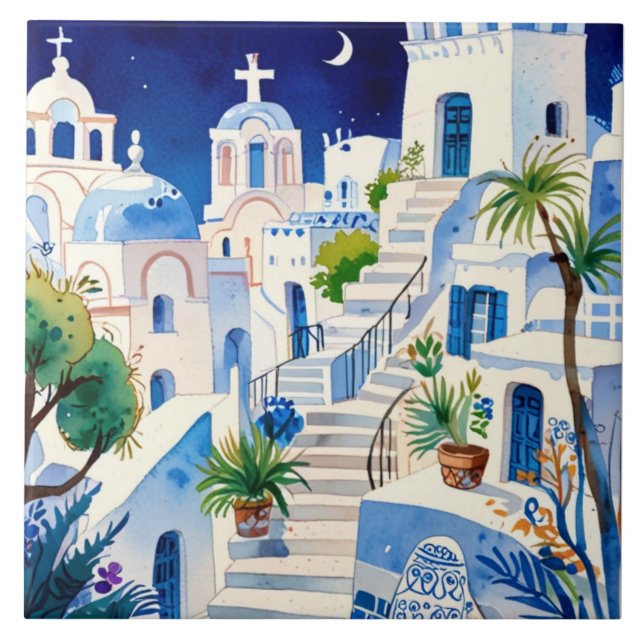 Santorini, Grécia Watercolor - Arte da Ilha Grega (Frente)
