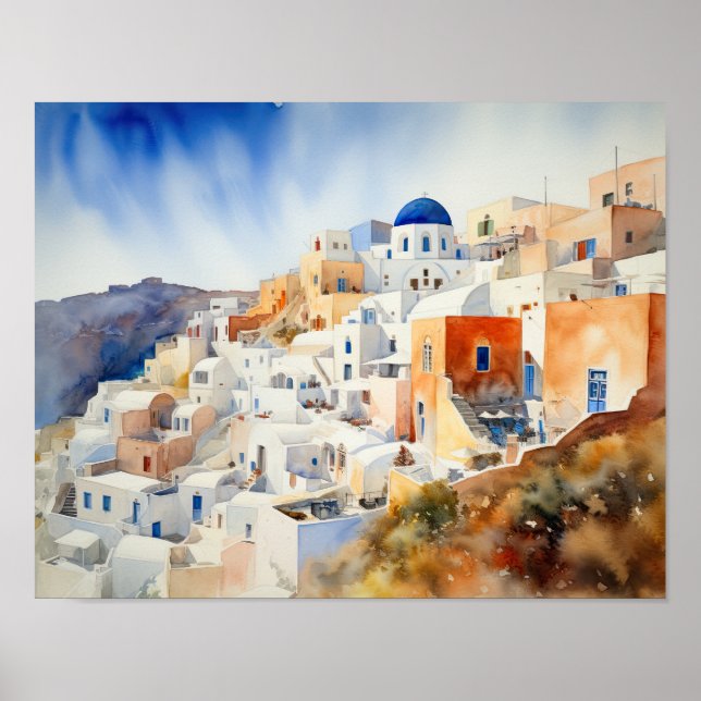 Santorini Oia Grécia Watercolor Art Poster (Frente)