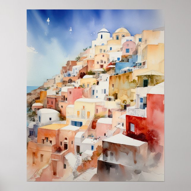 Santorini Oia Grécia Watercolor Art Poster (Frente)