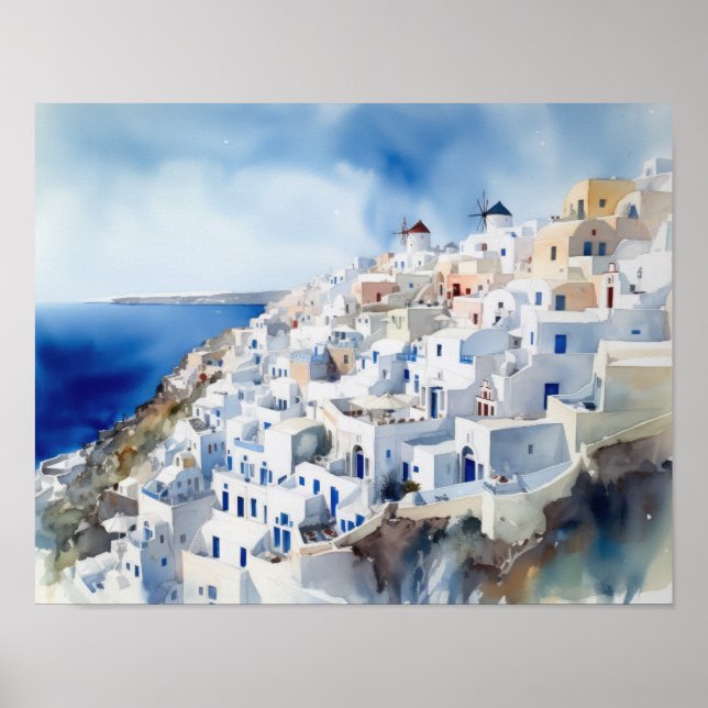 Santorini Oia Grécia Watercolor Art Poster (Frente)