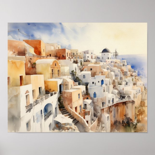 Santorini Oia Grécia Watercolor Art Poster (Frente)