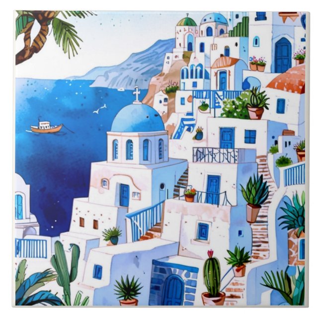 Santorini, por mar, Grécia azul aquarela grega (Frente)
