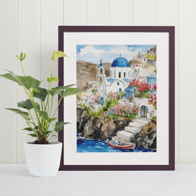 Santorini Watercolor Art Impressão (Criador carregado)