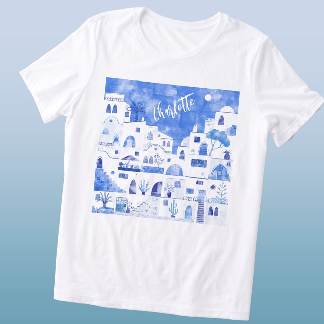 Santorini Watercolor Personalizado (Santorini Oia Greek island blue and white watercolor art personalized name triblend t-shirt)