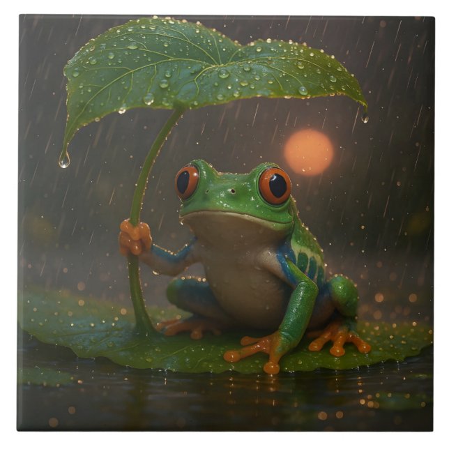 Sapo de Olho Vermelho Folha Guarda-chuva na Chuva (Frente)