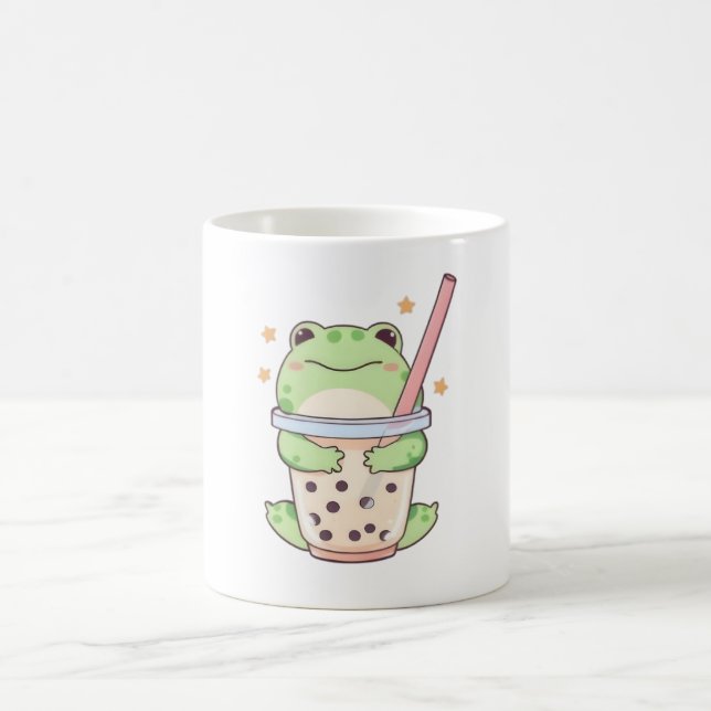 Sapo Kawaii Chibi Abraçando Xícara de Chá de Bolha (Centro)