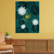 Sapo Nadando no Lago de Nenúfares à Noite - Poster