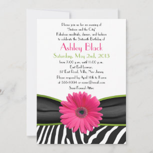 Sassy Pink Daisy Zebra Print Sweet 16 Convite