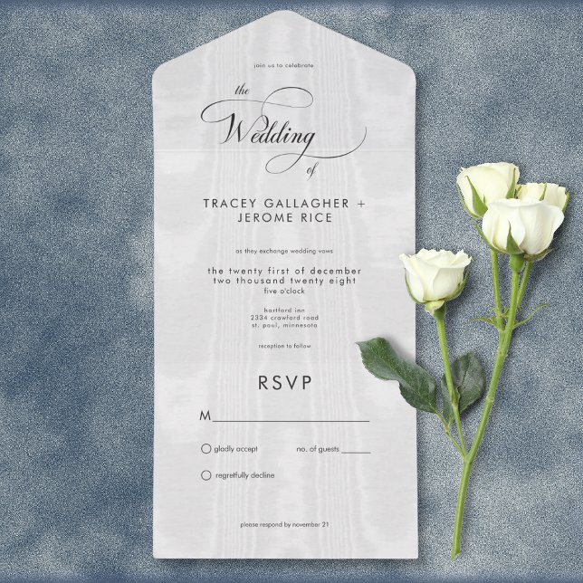 Satin Branco Mínimo Moderno Taffeta Não Janta (Modern Minimal White Satin Taffeta All In One Wedding Invitation without Dinner Options)