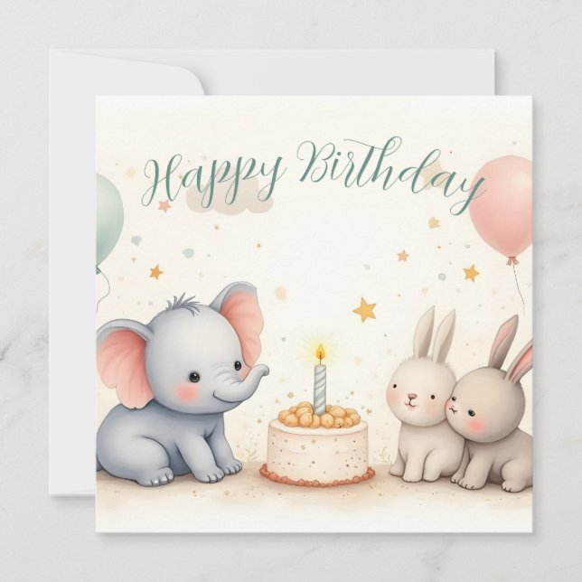Saudação de Aniversário Fofa com Amigos Animais (Frente)