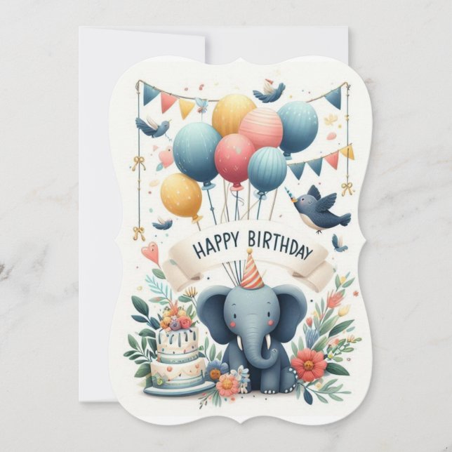 Saudação de aniversário Whimsical - Elefante Adorá (Frente)