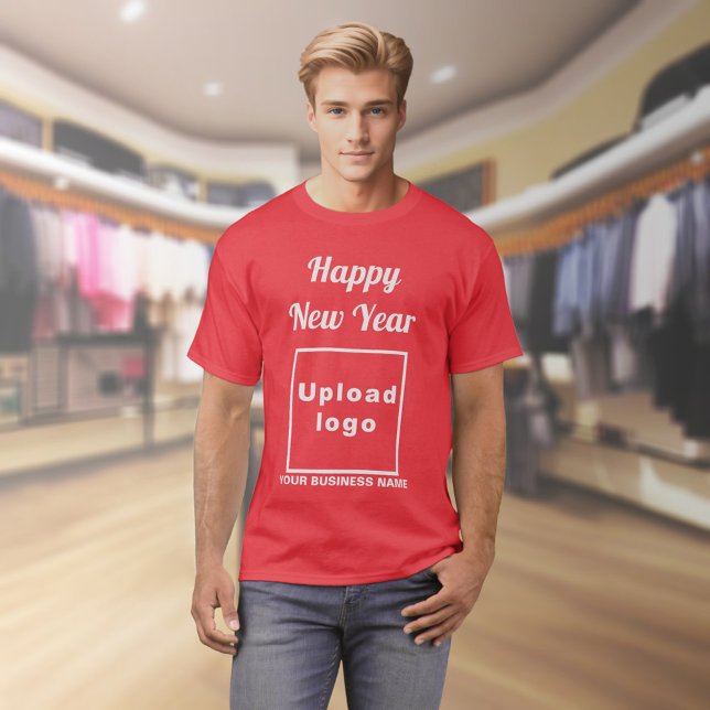 Saudação de Ano Novo da Empresa à Camisa Vermelha (Business name and logo with New Year greeting on red t-shirt)