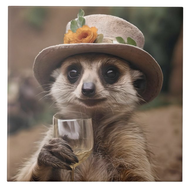 "Saúde à vida: Gran Meerkat desfruta do vidro do v (Frente)