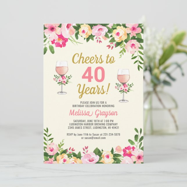 Saúde aniversário de 40 anos Convite Floral (Em pé/Frente)