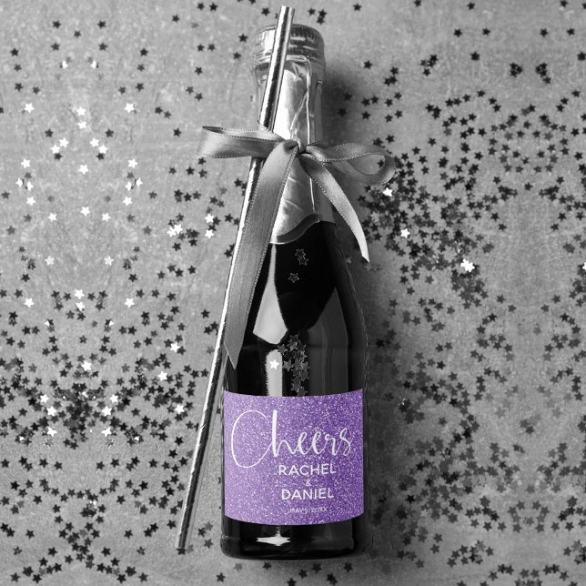 Saúde Faux PURPLE GLITTER Wedding Mini (Cheers purple faux glitter mini sparkling wine labels personalized for your wedding)