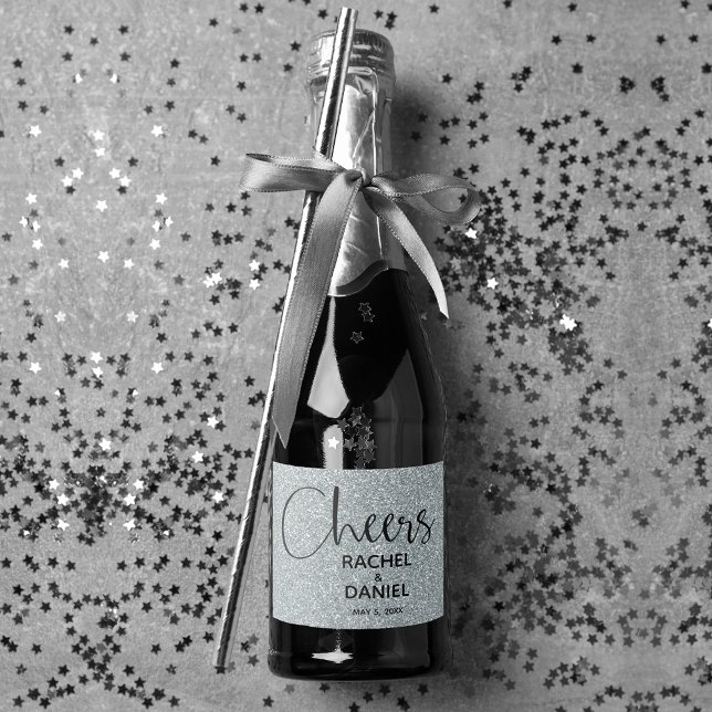 Saúde SILVER Faux Glitter Wedding Mini (Silver faux glitter mini champagne wedding bottle label for favors or serve to guests)