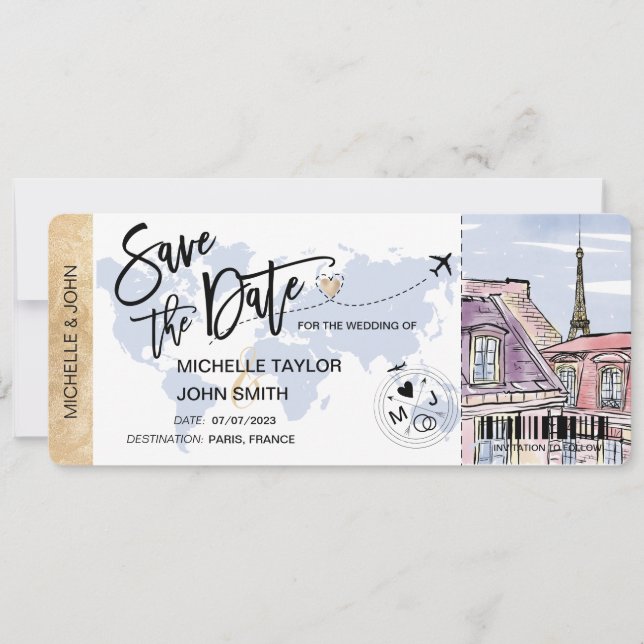 Save the Date Cartão de Embarque Casamento Paris C (Frente)
