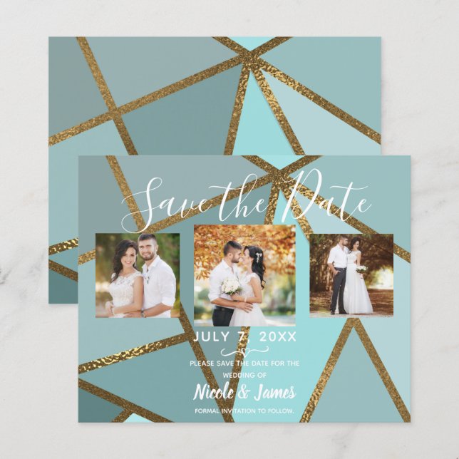 Save the Date Casamento Moderno Bronze Teal Maresi (Frente/Verso)
