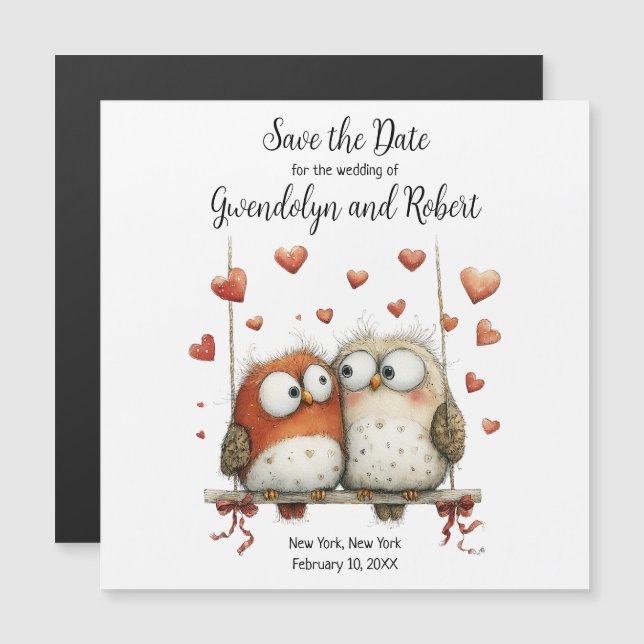Save the Date Wedding Magnet Cute Owl Couple  (Frente/Verso)