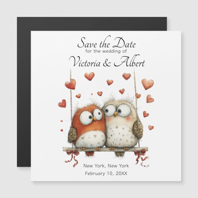Save the Date Wedding Magnet Whimsical Owl Couple  (Frente/Verso)