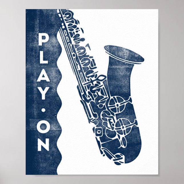 Saxophone Music Poster Blue White Play On Print (Frente)