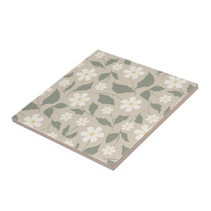 Scandi Modern Daisy Floral Bege Macio & Verde