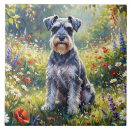 Schnauzer em Prado de Flores Silvestres