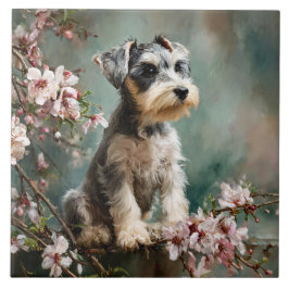 Schnauzer Puppy Among Spring Cherry Blossoms