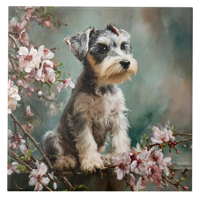 Schnauzer Puppy Among Spring Cherry Blossoms (Frente)