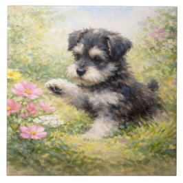 Schnauzer Puppy Springtime Flowers