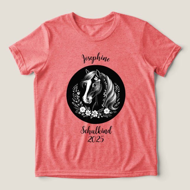 Schulkind 2026 - Pferd mit Blumen - schwarz weiß | (Design frontal)