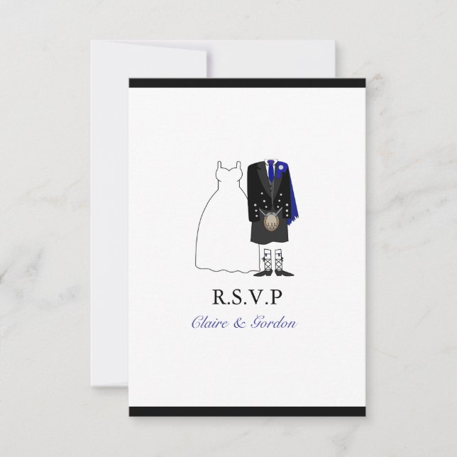 Scottish Kilt Bride & Groom Wedding RSVP - Azul (Frente)