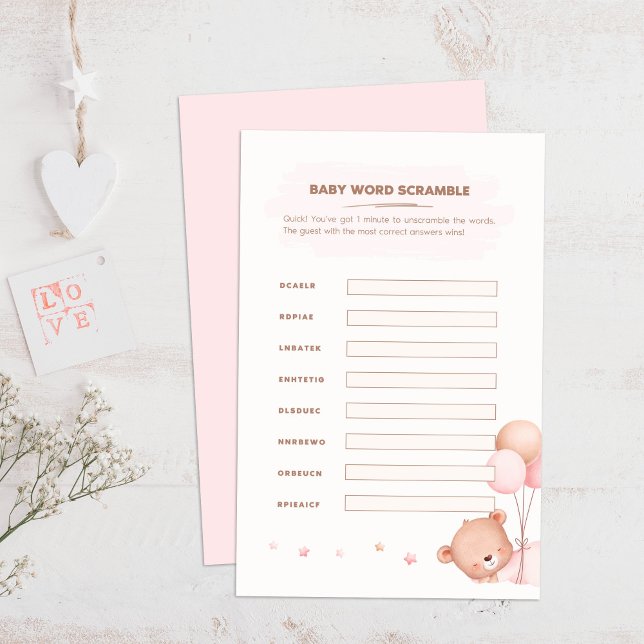 Scramble do Chá de fraldas dos balões Rosa e Bear (Bear & Pink Balloons Baby Shower Word Scramble on a boho wooden table.)