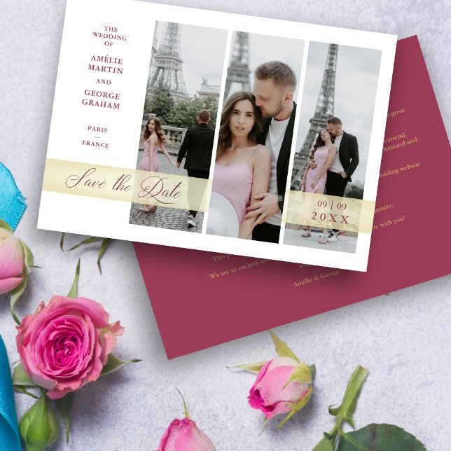 Script Chic de Colagem de 3 Fotos Verticais Manusc (Original Collage Vertical 3 Multi Photos Elegant Handwritten Script Save the date Card.)
