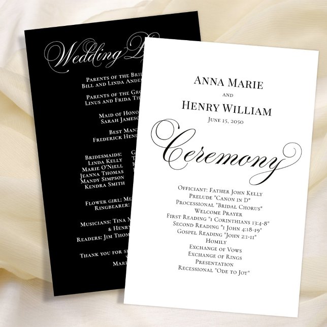 Script de Caligrafia de Casamento Preto e Branco (Elegant calligraphy script classic wedding ceremony church program. )