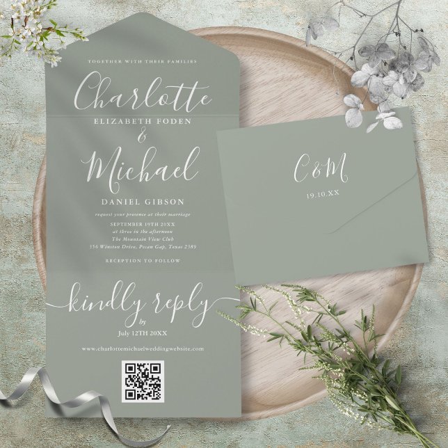 Script de Código QR Verde Salvia Casamento Minimal (Sage Green QR Code Script Minimalist Wedding All In One Invitation)