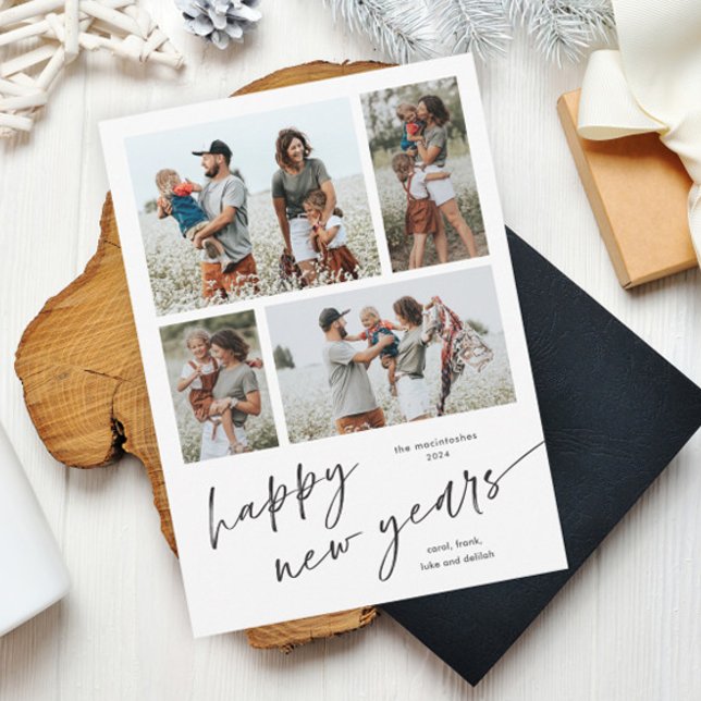 Script de Colagem de Foto Simples Ímã Feliz Ano No (Simple black and white script happy new years 4 photo collage new years card holiday magnetic card.)