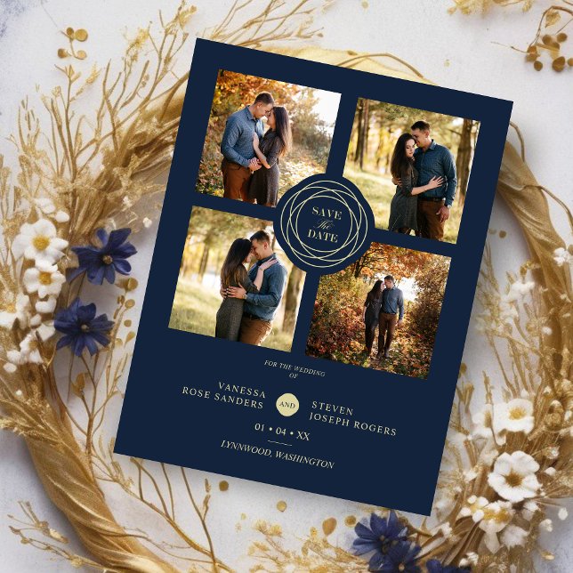 Script de Colagem Moderna do Marinho de Casamento  (Wedding Navy Gold 4 Photos Modern Collage Script Save the Date with Envelope.)
