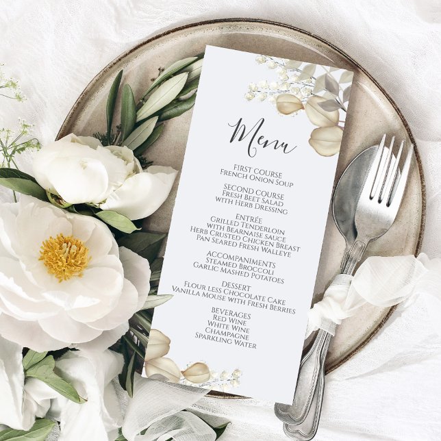 Script de Menu Caligrafia de Greenery Casado (Wedding menu card with calligraphy script and elegant foliage.)
