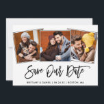 Script de Pincel Moderno 3 Foto Salva Nosso Cartão<br><div class="desc">Casal 3 Foto Russo de Escova Moderna Salva o Nosso Cartão de Anúncio de Noivado de Data</div>